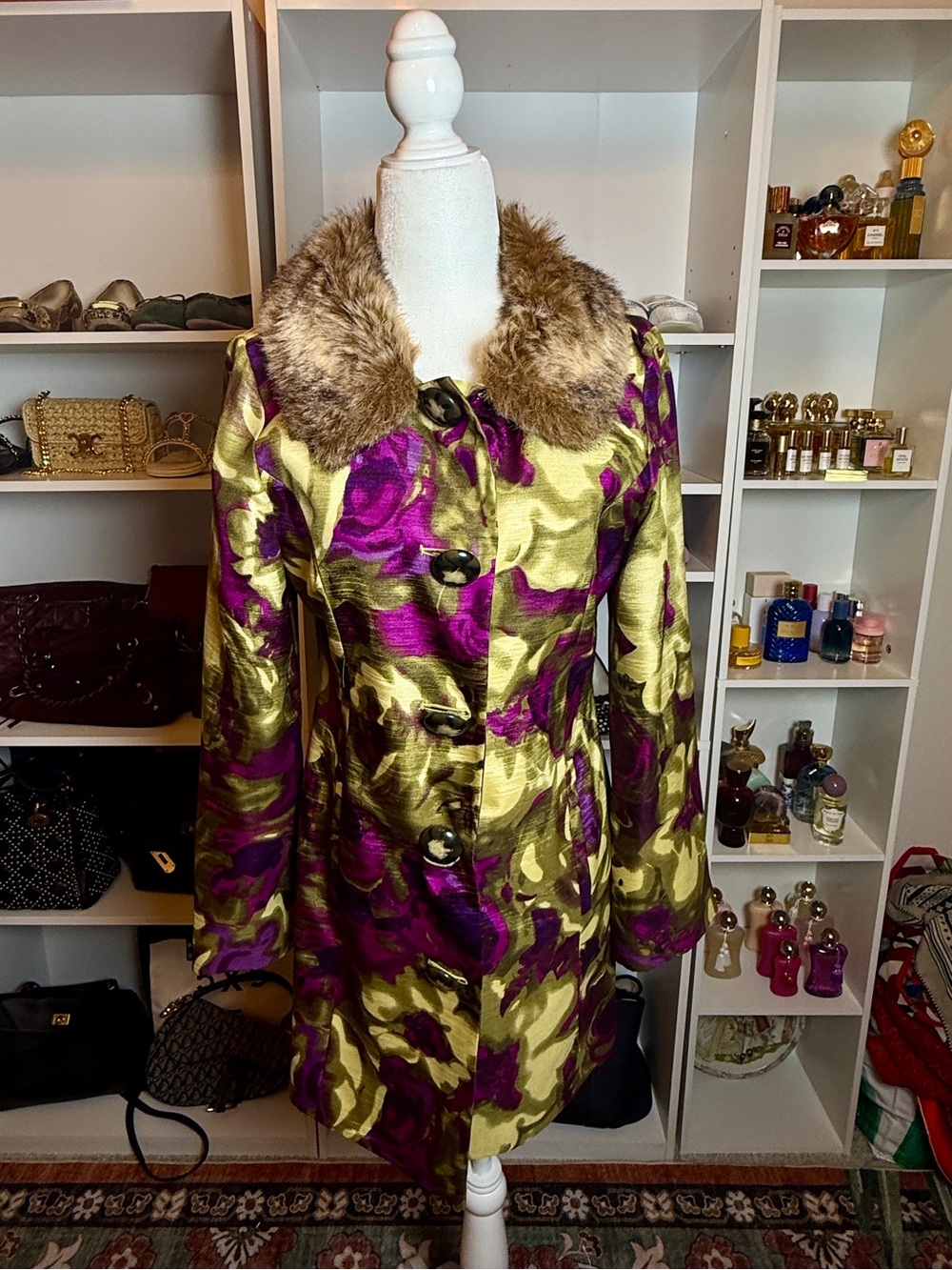 Hot N Hollywood Purple & Gold Floral Satin Trench with Faux Fur Collar